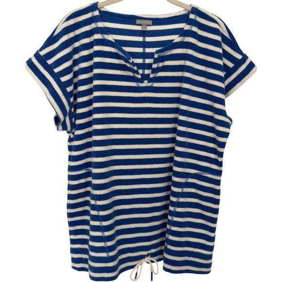 Talbots Women XL Terry Split Neck Drawstring-bottom Tunic Top Blue White Stripe - Picture 1 of 9